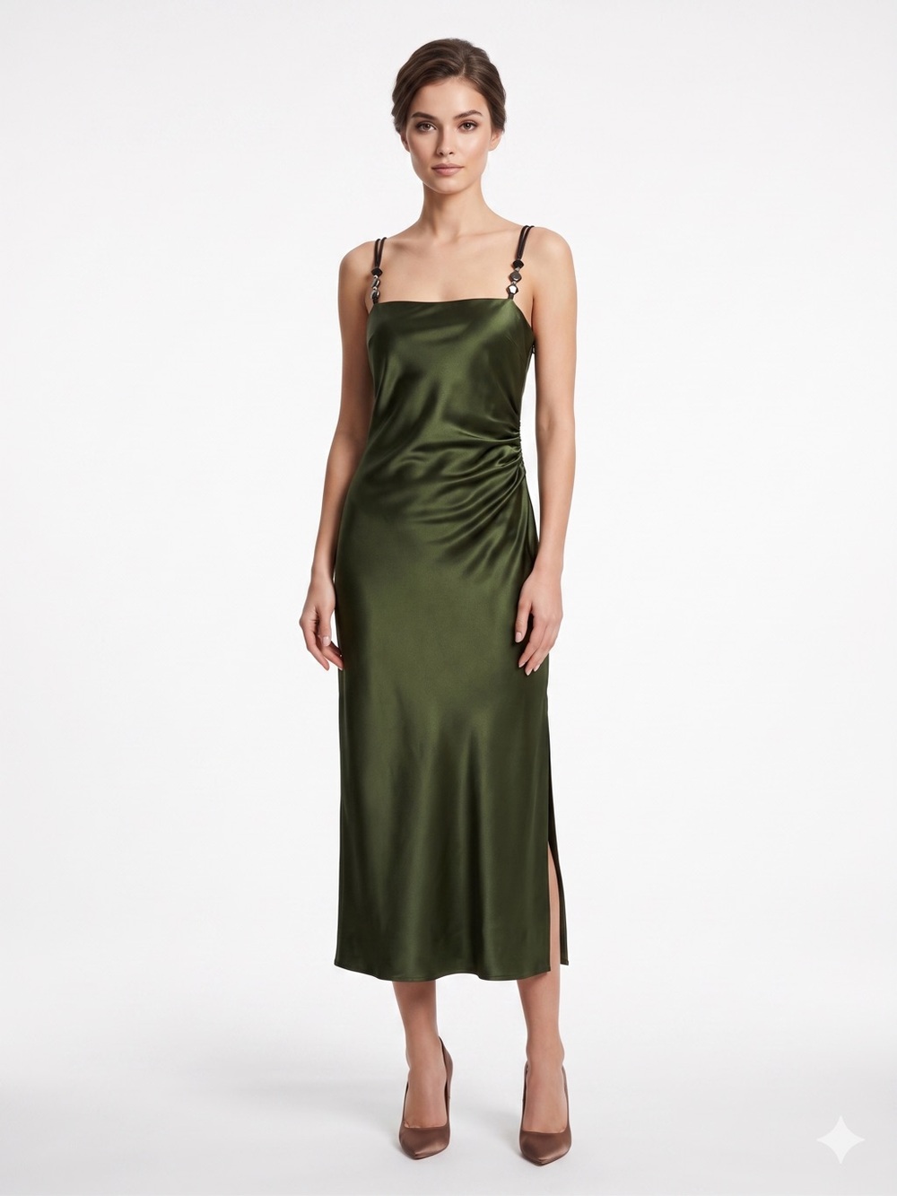 Zara Satin Slip Dress in Olive